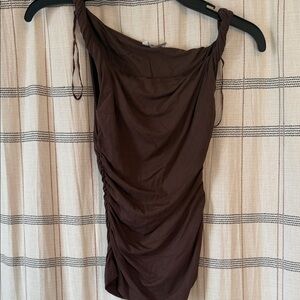 Zara Brown Ruched Asymmetrical Top Small Twist Shoulder Fitted Top